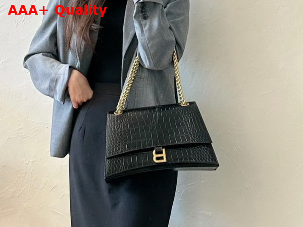 Balenciaga Crush Medium Chain Bag in Black Extra Supple Crocodile Embossed Calfskin Aged Gold Hardware Replica
