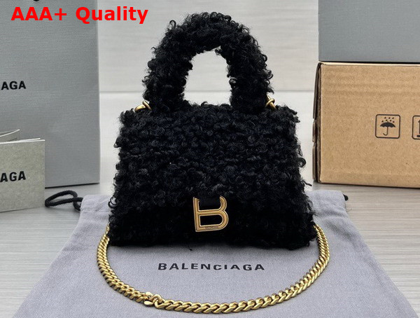 Balenciaga Furry Hourglass Mini Handbag With Chain in Black Technical Material and Lambskin Replica