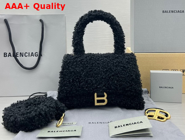 Balenciaga Furry Hourglass Small Handbag in Black Technical Material Replica