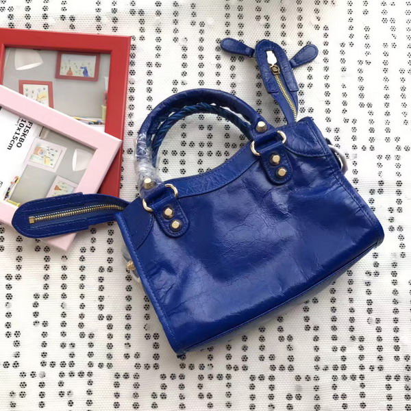 Balenciaga Gaint 12 Gold Mini City Handbag in Electric Blue Soft Crafted Vintage Lambskin For Sale