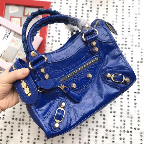 Balenciaga Gaint 12 Gold Mini City Handbag in Electric Blue Soft Crafted Vintage Lambskin For Sale
