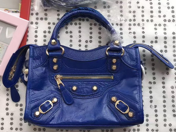 Balenciaga Gaint 12 Gold Mini City Handbag in Electric Blue Soft Crafted Vintage Lambskin For Sale