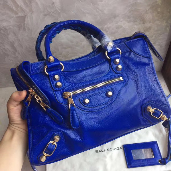 Balenciaga Gaint 12 Gold Small City Handbag in Electric Blue Soft Crafted Vintage Lambskin For Sale