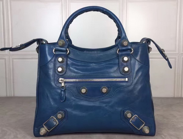 Balenciaga Giant City Handbag in Blue Lambskin with Silver Metal Hardware For Sale