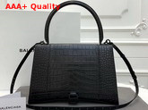 Balenciaga Hourglass Medium Top Handle Bag in Black Crocodile Embossed Shiny Calfskin Replica
