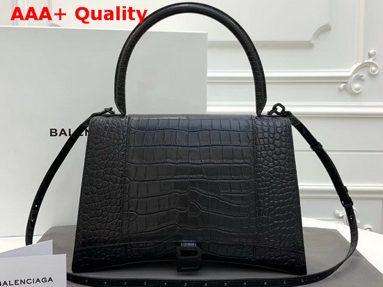 Balenciaga Hourglass Medium Top Handle Bag in Black Crocodile Embossed Shiny Calfskin Replica