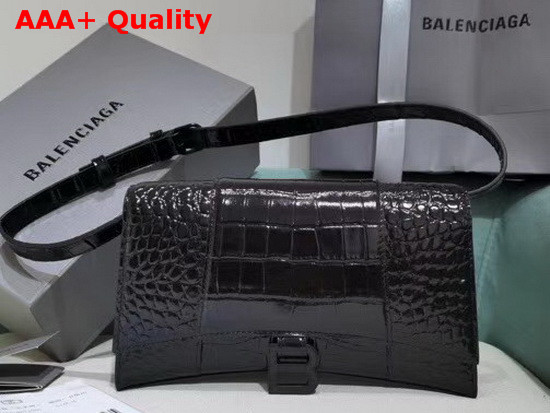 Balenciaga Hourglass Sling Bag Shoulder Bag in Black Shiny Crocodile Embossed Calfskin Replica
