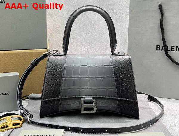 Balenciaga Hourglass Small Handbag in Black and Grey Crocodile Embossed Calfskin Replica