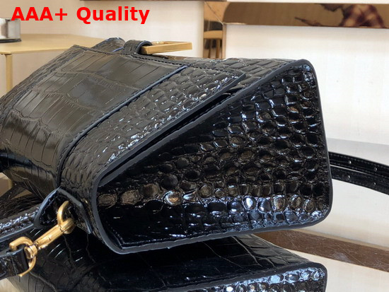 Balenciaga Hourglass Small Top Handbag in Black Shiny Crocodile Embossed Calfskin Aged Gold B Hardware Replica