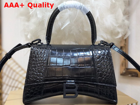 Balenciaga Hourglass Small Top Handbag in Black Shiny Crocodile Embossed Calfskin Matte Black B Hardware Replica
