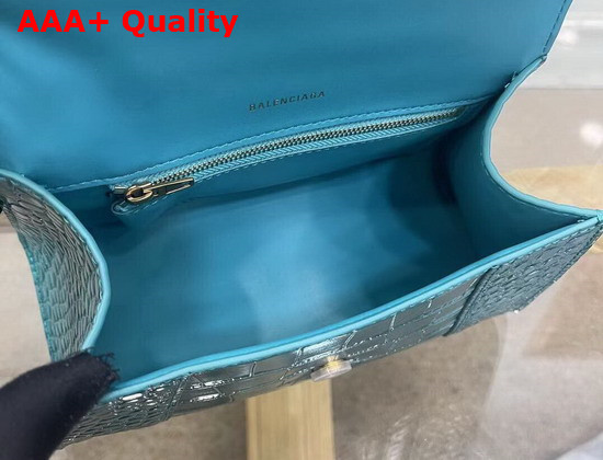 Balenciaga Hourglass Small Top Handbag in Blue Shiny Crocodile Embossed Calfskin Aged Gold B Hardware Replica