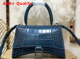 Balenciaga Hourglass Small Top Handbag in Dark Blue Shiny Crocodile Embossed Calfskin Aged Silver B Hardware Replica