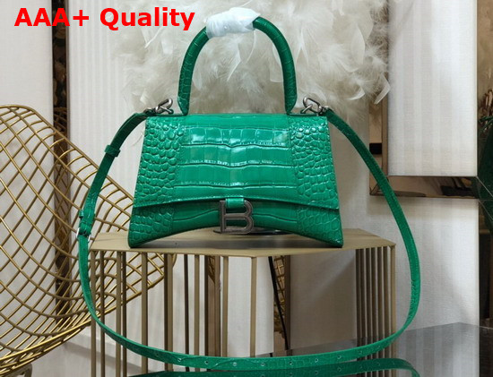 Balenciaga Hourglass Small Top Handbag in Green Shiny Crocodile Embossed Calfskin Aged Silver B Hardware Replica