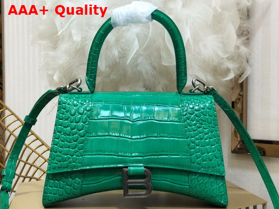 Balenciaga Hourglass Small Top Handbag in Green Shiny Crocodile Embossed Calfskin Aged Silver B Hardware Replica