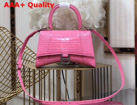 Balenciaga Hourglass Small Top Handbag in Pink Shiny Crocodile Embossed Calfskin Aged Silver B Hardware Replica