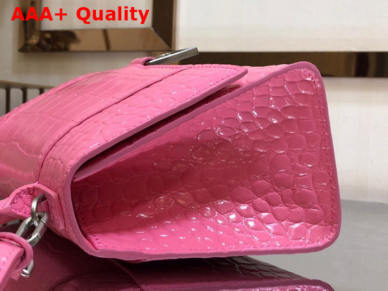 Balenciaga Hourglass Small Top Handbag in Pink Shiny Crocodile Embossed Calfskin Aged Silver B Hardware Replica