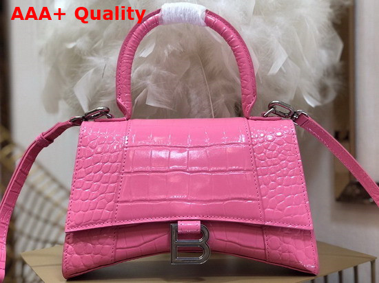 Balenciaga Hourglass Small Top Handbag in Pink Shiny Crocodile Embossed Calfskin Aged Silver B Hardware Replica