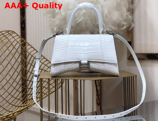 Balenciaga Hourglass Small Top Handbag in White Shiny Crocodile Embossed Calfskin Aged Silver B Hardware Replica