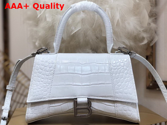 Balenciaga Hourglass Small Top Handbag in White Shiny Crocodile Embossed Calfskin Aged Silver B Hardware Replica