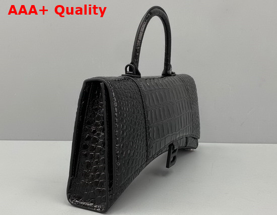 Balenciaga Hourglass Stretched Top Handle Bag in Black Shiny Crocodile Embossed Calfskin Matte Black Hardware Replica