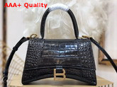 Balenciaga Hourglass XS Top Handbag in Black Shiny Crocodile Embossed Calfskin Aged Gold B Hardware Replica