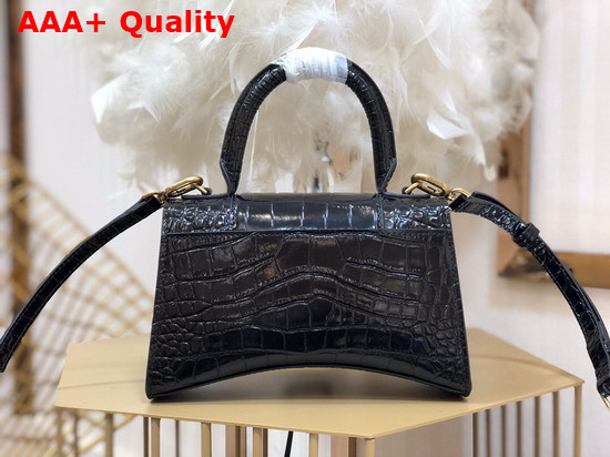 Balenciaga Hourglass XS Top Handbag in Black Shiny Crocodile Embossed Calfskin Aged Gold B Hardware Replica