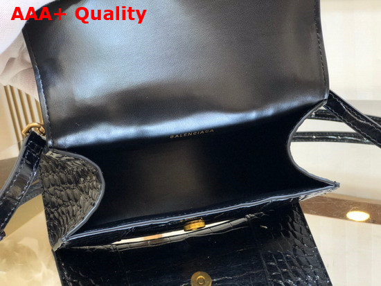 Balenciaga Hourglass XS Top Handbag in Black Shiny Crocodile Embossed Calfskin Aged Gold B Hardware Replica