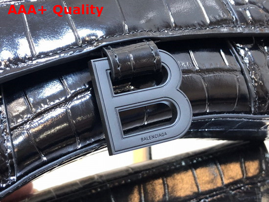 Balenciaga Hourglass XS Top Handbag in Black Shiny Crocodile Embossed Calfskin Black Matte B Hardware Replica