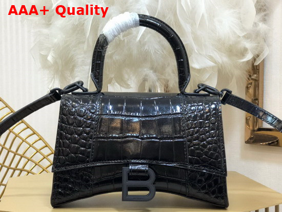 Balenciaga Hourglass XS Top Handbag in Black Shiny Crocodile Embossed Calfskin Black Matte B Hardware Replica