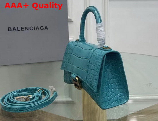 Balenciaga Hourglass XS Top Handbag in Blue Shiny Crocodile Embossed Calfskin Aged Silver Hardware Replica