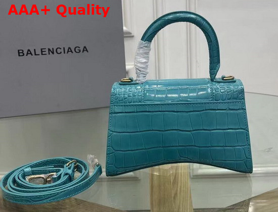 Balenciaga Hourglass XS Top Handbag in Blue Shiny Crocodile Embossed Calfskin Aged Silver Hardware Replica