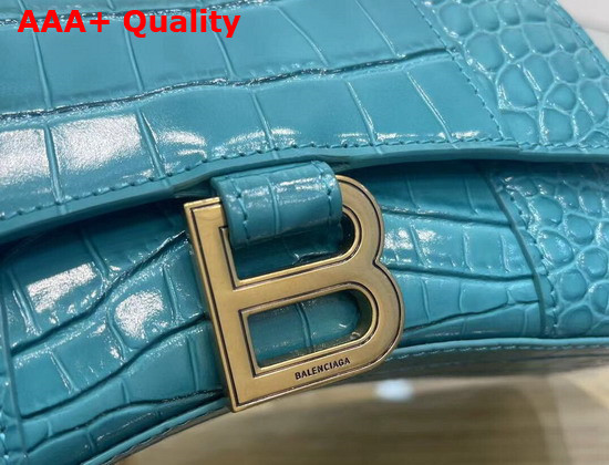 Balenciaga Hourglass XS Top Handbag in Blue Shiny Crocodile Embossed Calfskin Aged Silver Hardware Replica