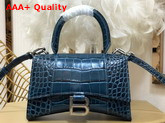 Balenciaga Hourglass XS Top Handbag in Dark Blue Shiny Crocodile Embossed Calfskin Aged Silver Hardware Replica