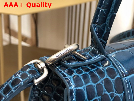 Balenciaga Hourglass XS Top Handbag in Dark Blue Shiny Crocodile Embossed Calfskin Aged Silver Hardware Replica