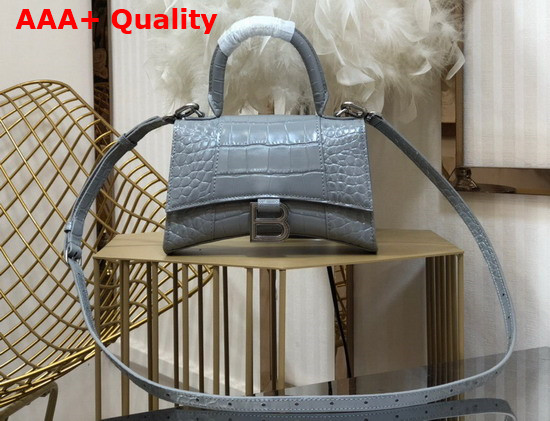 Balenciaga Hourglass XS Top Handbag in Grey Shiny Crocodile Embossed Calfskin Aged Silver Hardware Replica