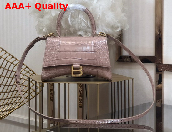 Balenciaga Hourglass XS Top Handbag in Nude Shiny Crocodile Embossed Calfskin Aged Gold B Hardware Replica