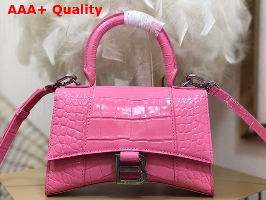 Balenciaga Hourglass XS Top Handbag in Pink Shiny Crocodile Embossed Calfskin Aged Silver Hardware Replica