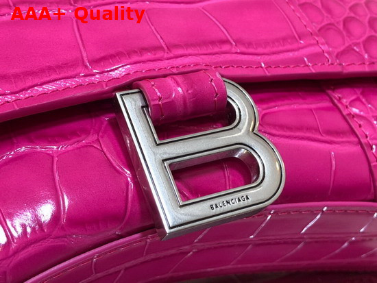 Balenciaga Hourglass XS Top Handbag in Rose Shiny Crocodile Embossed Calfskin Aged Silver Hardware Replica