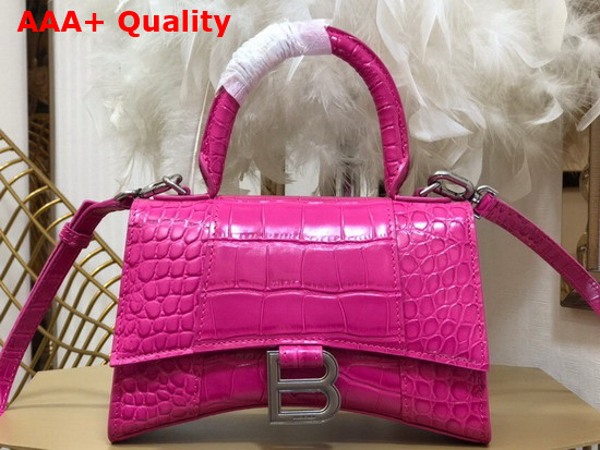 Balenciaga Hourglass XS Top Handbag in Rose Shiny Crocodile Embossed Calfskin Aged Silver Hardware Replica