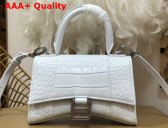 Balenciaga Hourglass XS Top Handbag in White Shiny Crocodile Embossed Calfskin Replica