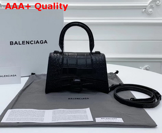 Balenciaga Hourglass XS Top Handle Bag in Black Crocodile Embossed Shiny Calfskin Replica