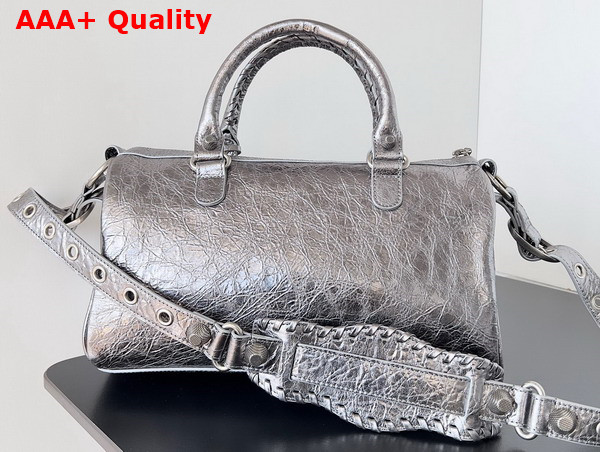 Balenciaga Le Cagole Medium Duffle Bag in Silver Metallized Arena Lambskin Replica
