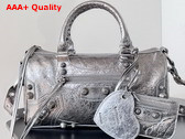 Balenciaga Le Cagole Medium Duffle Bag in Silver Metallized Arena Lambskin Replica