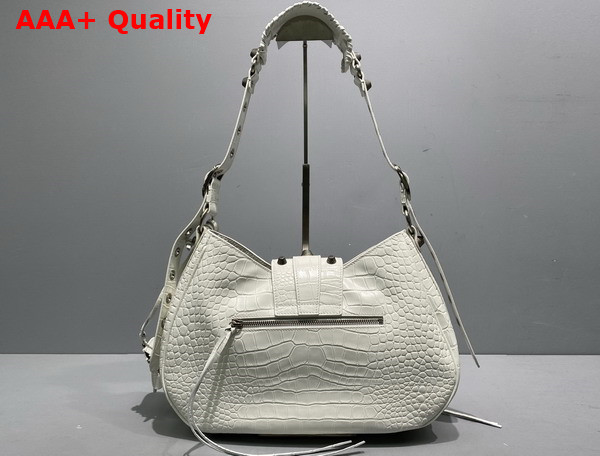 Balenciaga Le Cagole Medium Shoulder Bag in White Supple Crocodile Embossed Calfskin Aged Silver Hardware Replica