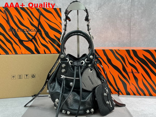 Balenciaga Le Cagole Small Bucket Bag in Black Arena Lambskin Aged Silver Hardware Replica