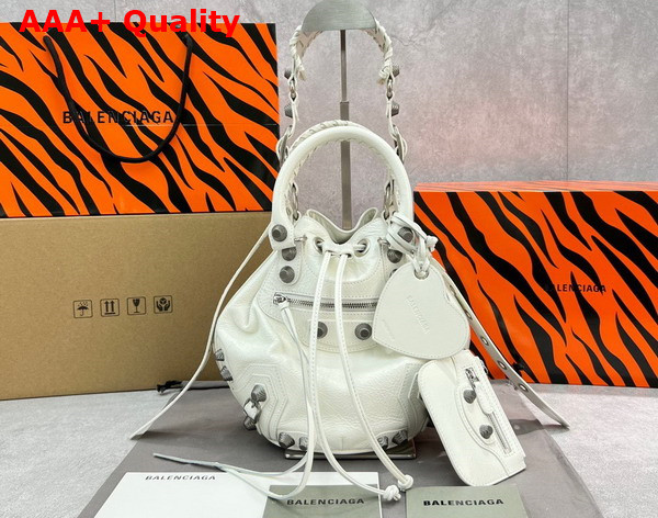 Balenciaga Le Cagole Small Bucket Bag in White Arena Lambskin Aged Silver Hardware Replica