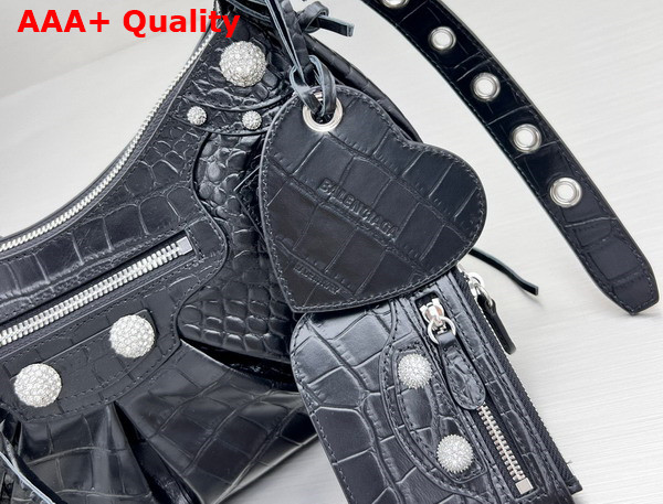 Balenciaga Le Cagole Small Shoulder Bag Black Crocodile Embossed with Rhinestones Replica