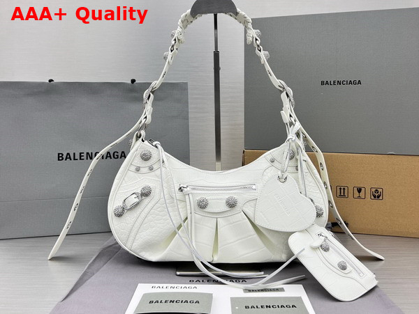 Balenciaga Le Cagole Small Shoulder Bag in White Crocodile Embossed Calfskin Aged Silver Hardware with White Rhinestones Replica