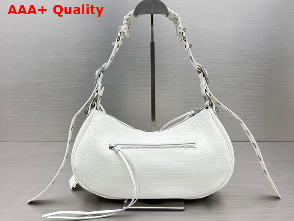 Balenciaga Le Cagole Small Shoulder Bag in White Crocodile Embossed Calfskin Aged Silver Hardware with White Rhinestones Replica