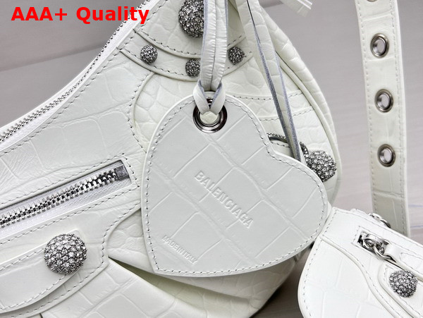 Balenciaga Le Cagole Small Shoulder Bag in White Crocodile Embossed Calfskin Aged Silver Hardware with White Rhinestones Replica